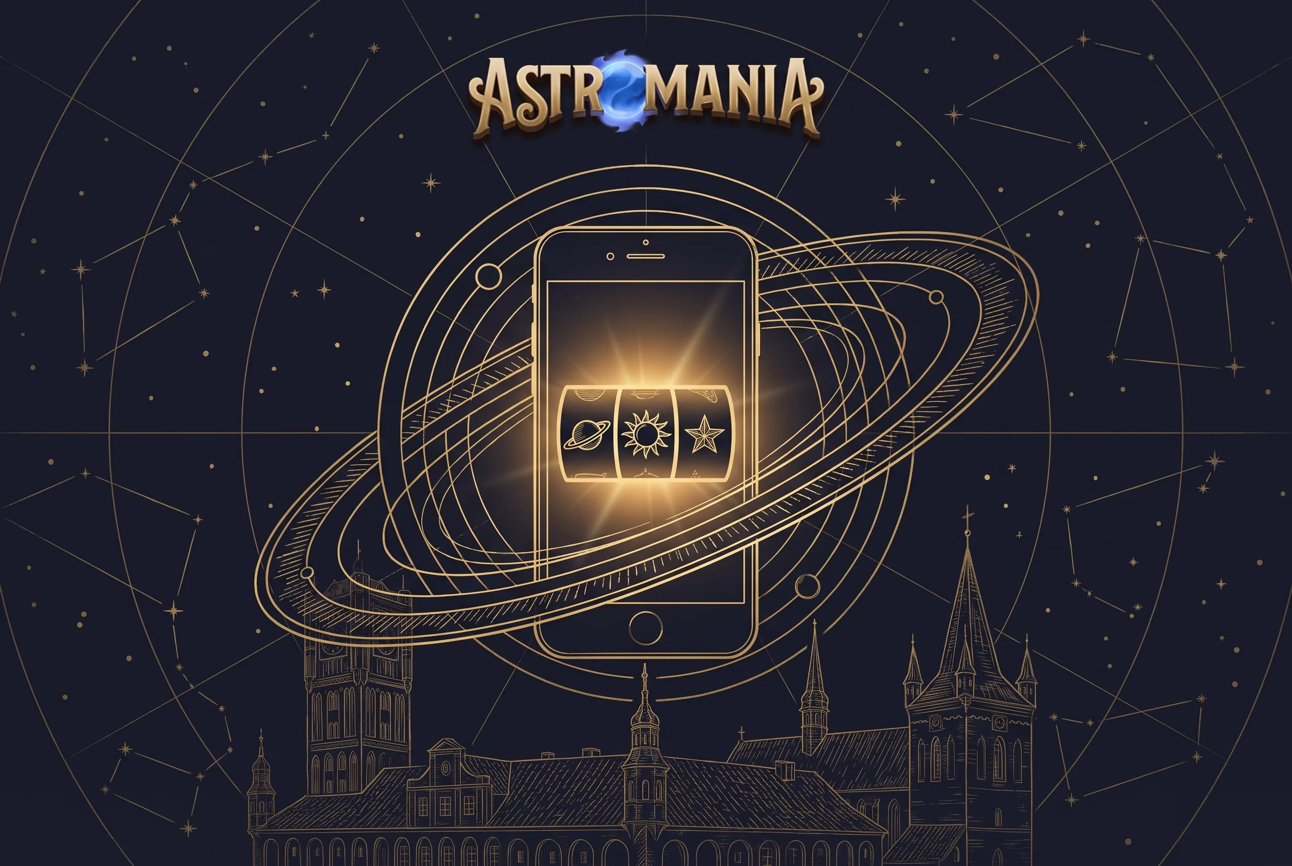 Telefon otoczony złotymi orbitami, Astromania Casino w przeglądarce mobilnej