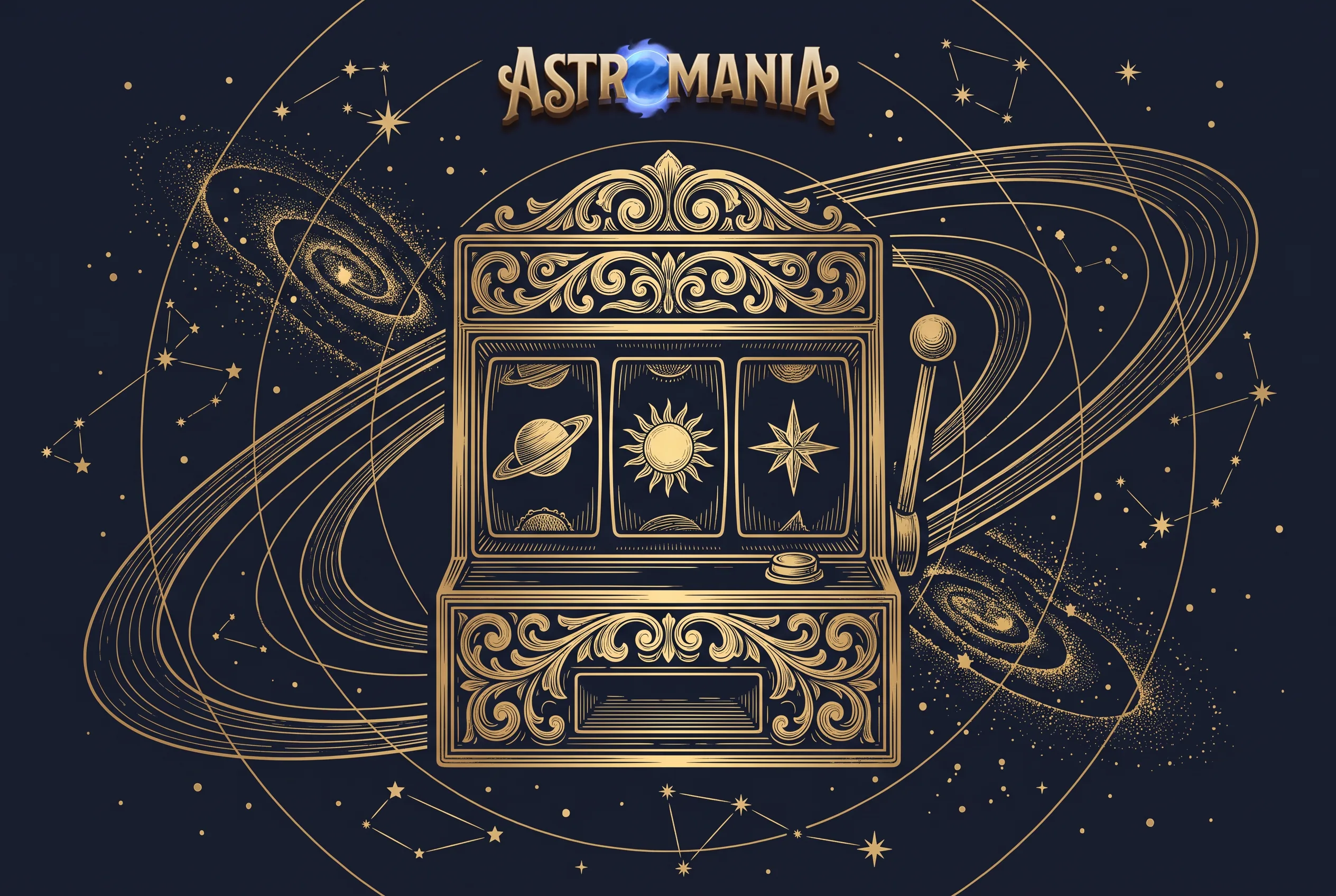 Automat ze złotymi symbolami astronomicznymi w Astromania Casino