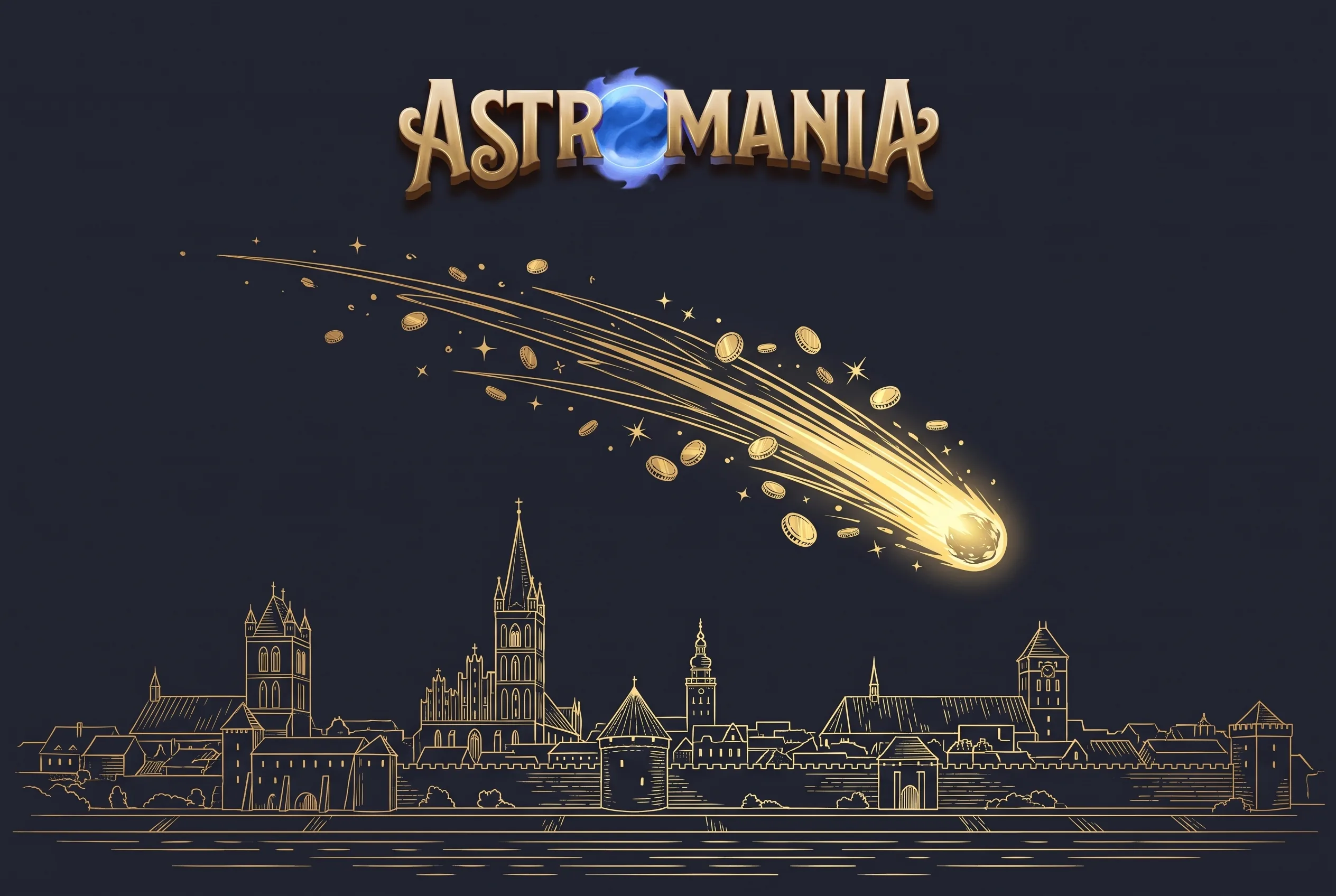 Złota kometa nad panoramą Torunia, bonus powitalny Astromania Casino